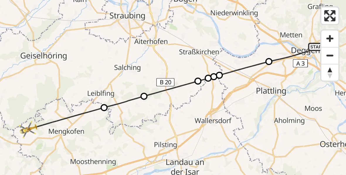 Flugroute Rettungshubschrauber Deggendorf - Mengkofen, 07 Mai 2026, 09:11
