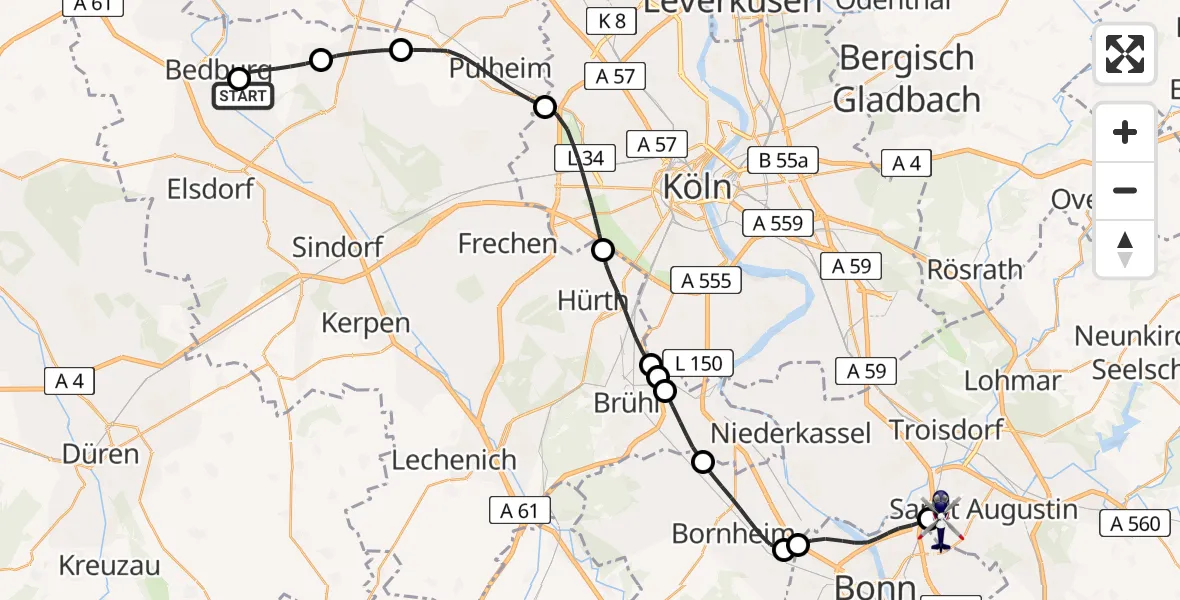 Flugroute Polizeihubschrauber Bergheim - Sankt Augustin, 07 Mai 2026, 09:14