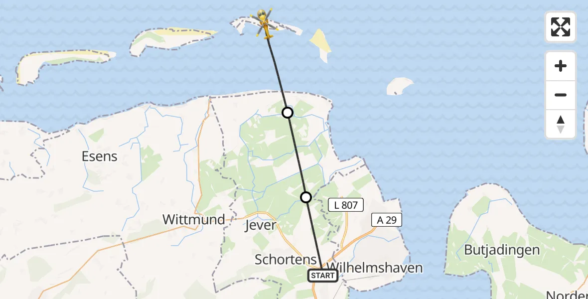 Flugroute Rettungshubschrauber Schortens - Noordzee, 07 Mai 2026, 09:15