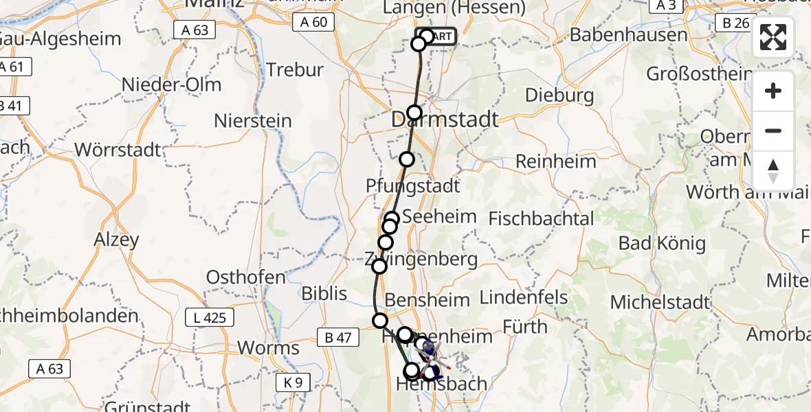Flugroute Polizeihubschrauber Flughafen Frankfurt-Egelsbach - Laudenbach, 07 Mai 2026, 09:17