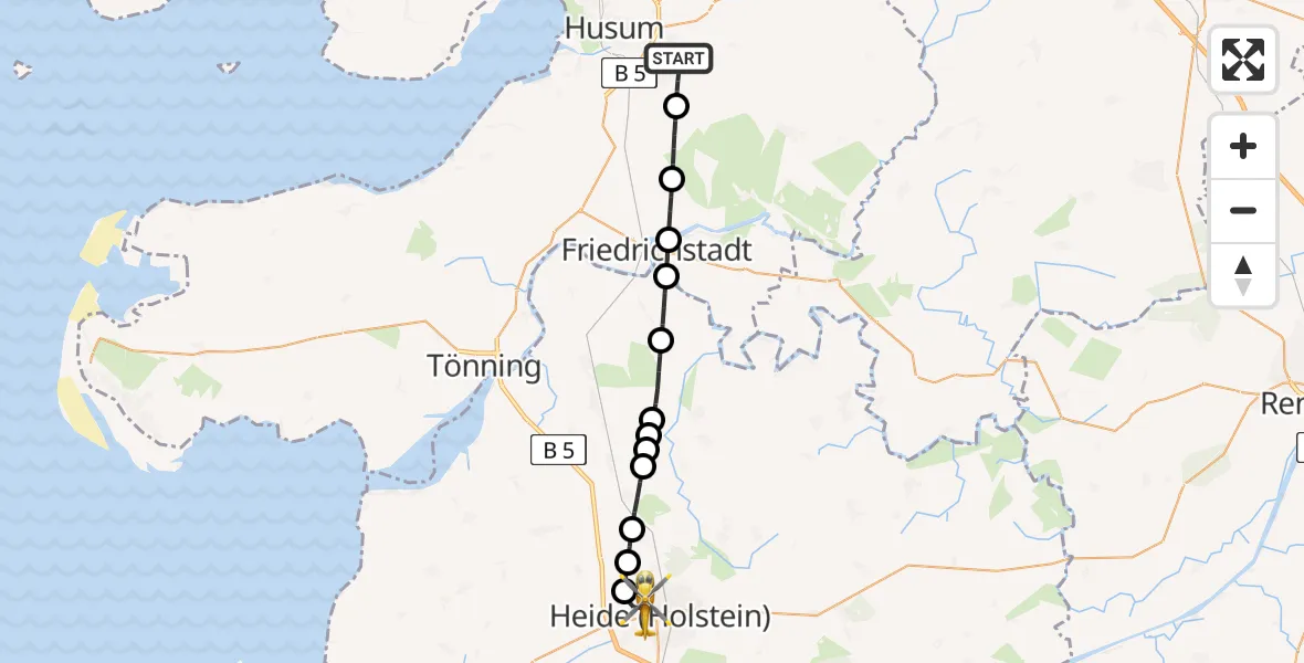 Flugroute Rettungshubschrauber Mildstedt - Heide, 07 Mai 2026, 09:17