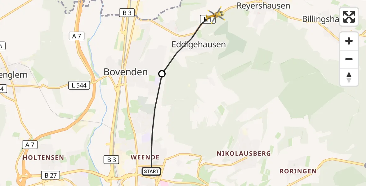 Flugroute Rettungshubschrauber Göttingen - Bovenden, 07 Mai 2026, 09:20