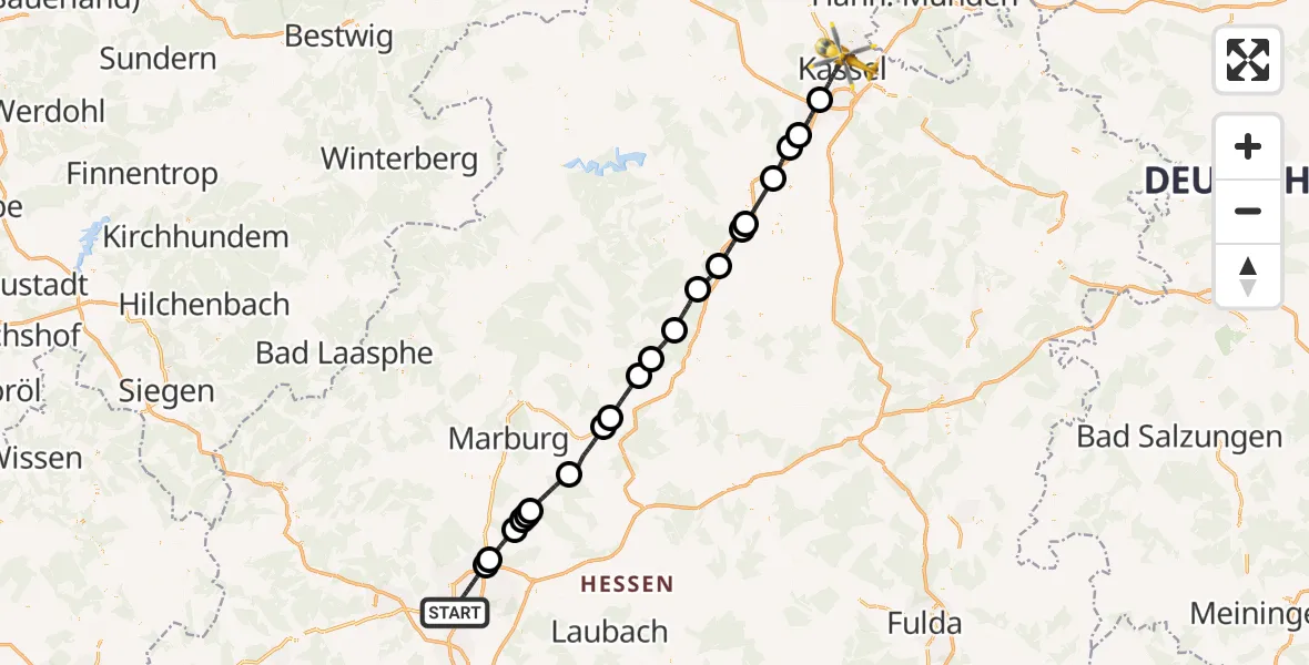 Flugroute Rettungshubschrauber Gießen - Kassel, 07 Mai 2026, 09:31