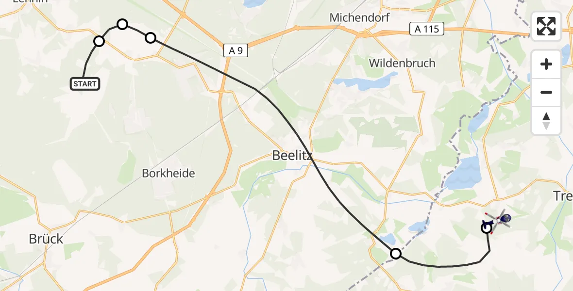 Flugroute Polizeihubschrauber Beelitz - Trebbin, 07 Mai 2026, 09:34