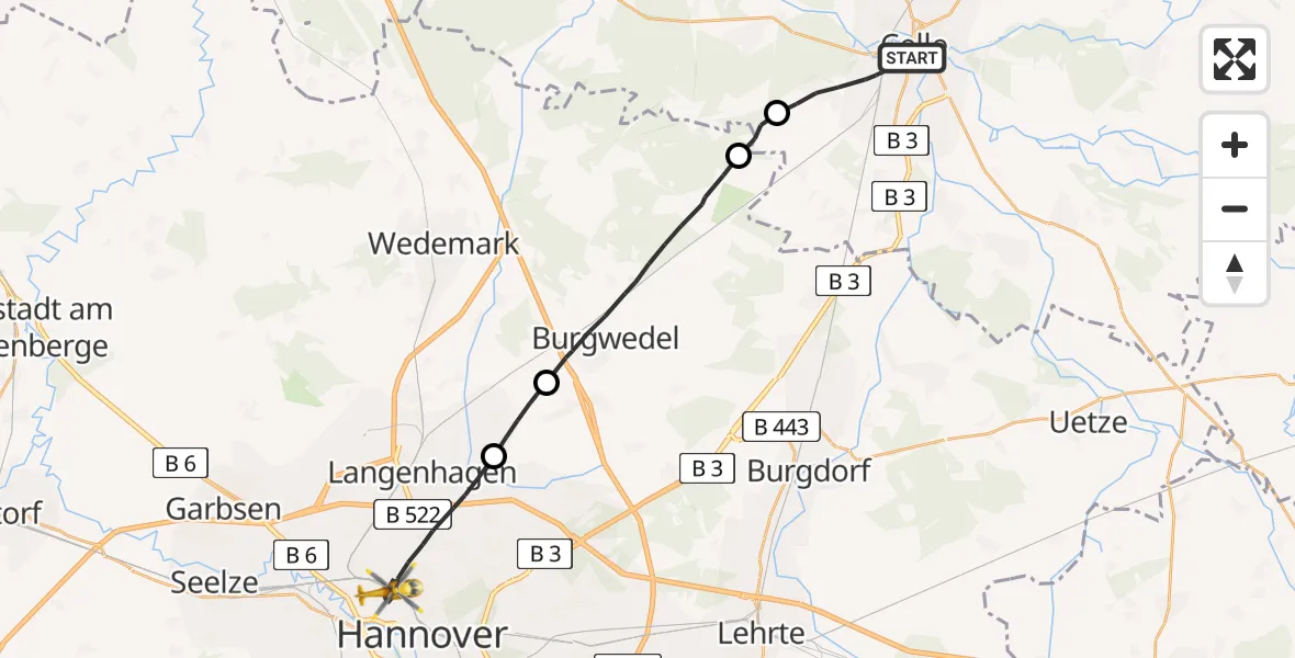 Flugroute Rettungshubschrauber Celle - Hannover, 07 Mai 2026, 09:46