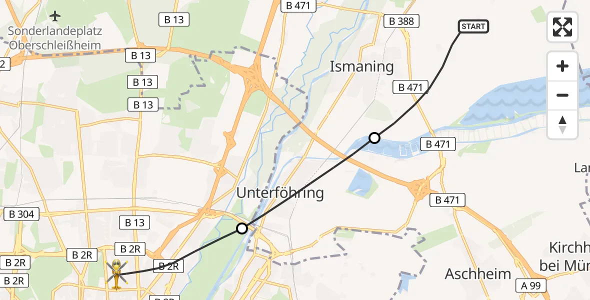 Flugroute Rettungshubschrauber Ismaning - München, 07 Mai 2026, 09:50