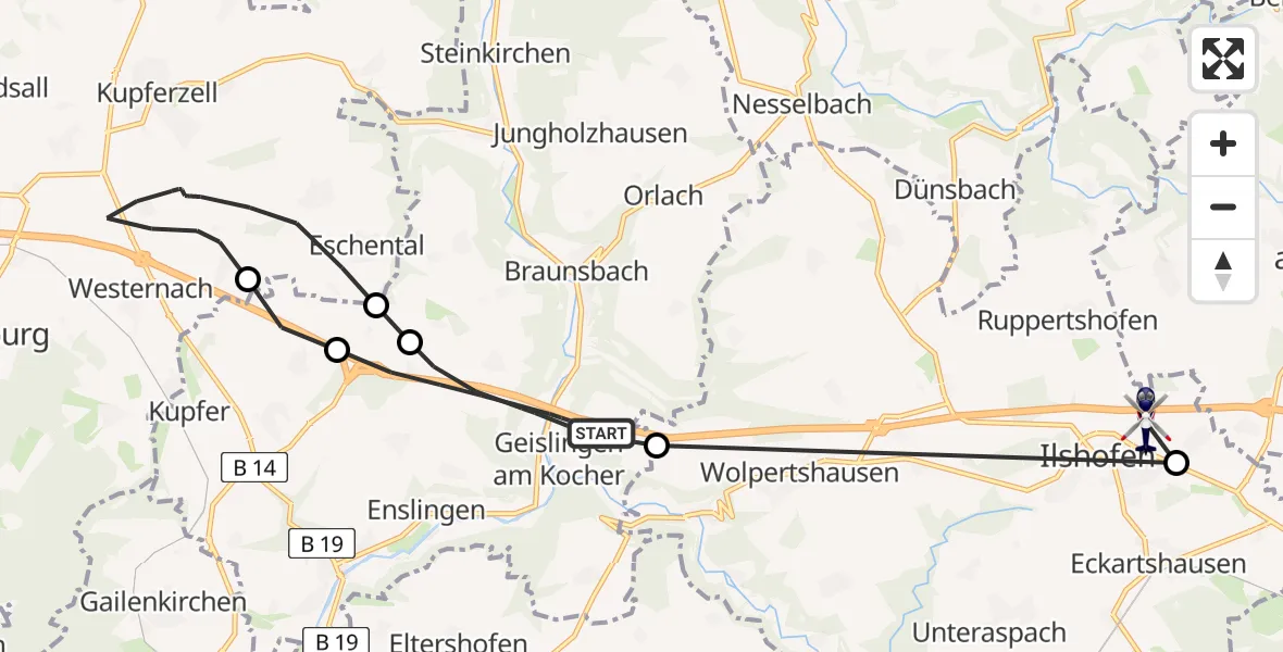 Flugroute Polizeihubschrauber Braunsbach - Ilshofen, 07 Mai 2026, 10:01