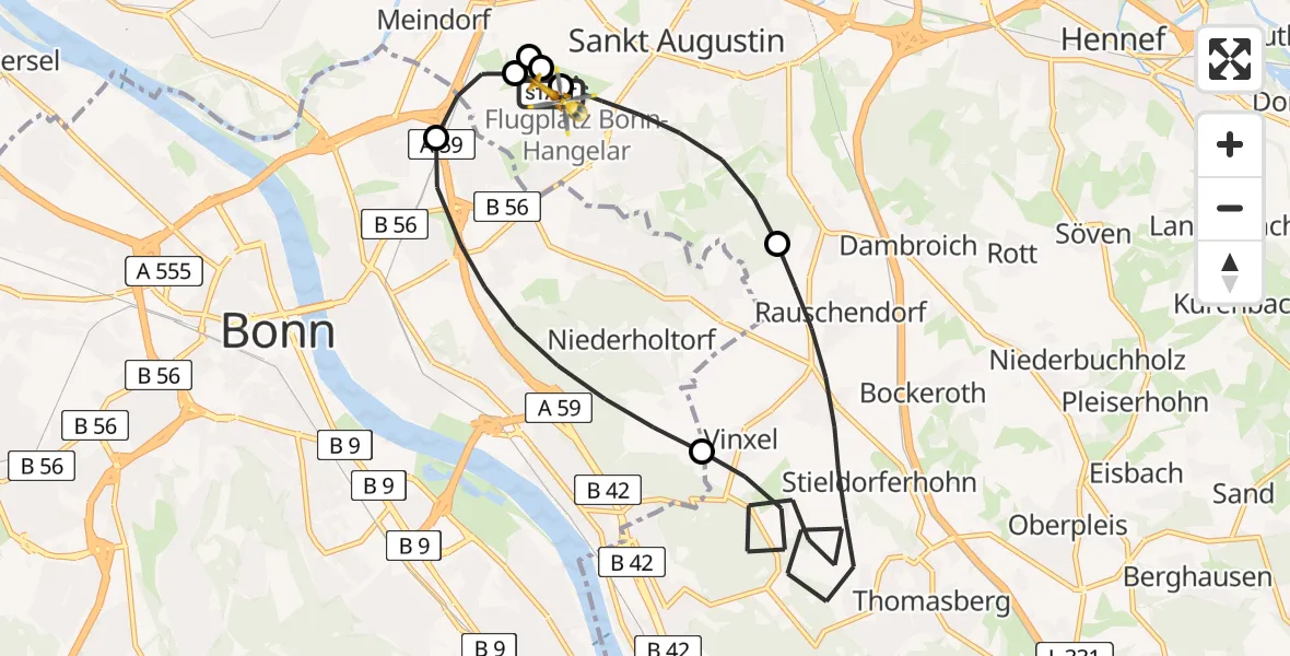 Flugroute Rettungshubschrauber Bonn-Hangelar Flugplatz - Bonn-Hangelar Flugplatz, 07 Mai 2026, 10:14