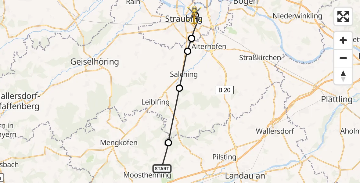 Flugroute Rettungshubschrauber Moosthenning - Sankt Elisabeth Hospital Straubing, 07 Mai 2026, 10:16