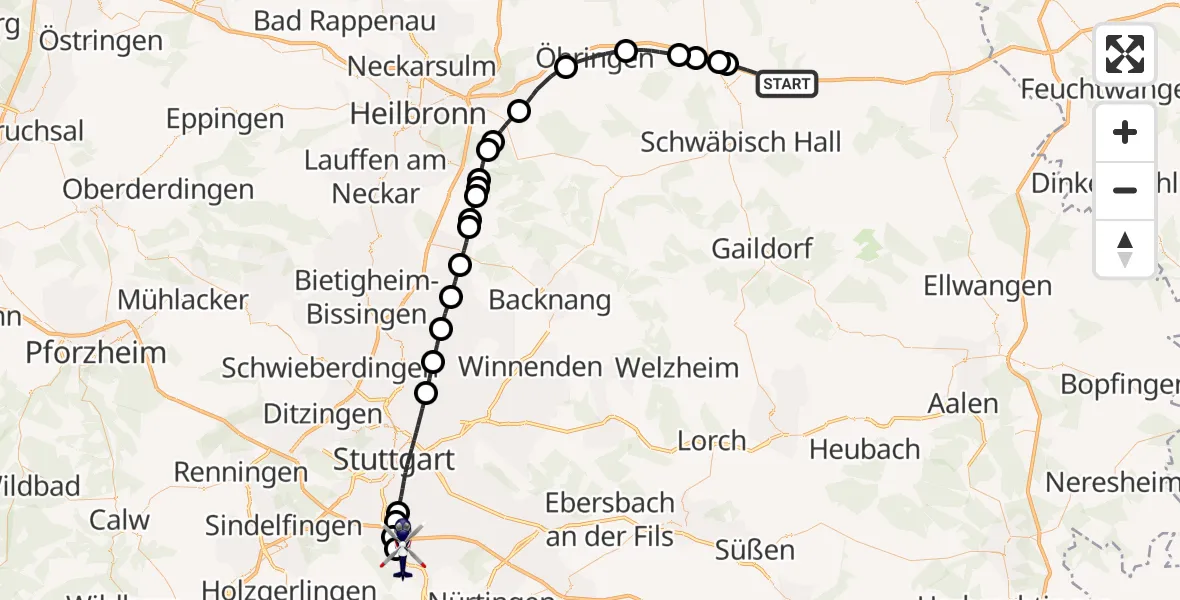 Flugroute Polizeihubschrauber Braunsbach - Flughafen Stuttgart, 07 Mai 2026, 10:21