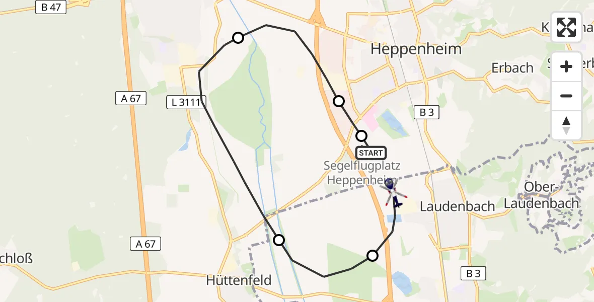 Flugroute Polizeihubschrauber Segelflugplatz Heppenheim - Laudenbach, 07 Mai 2026, 10:27