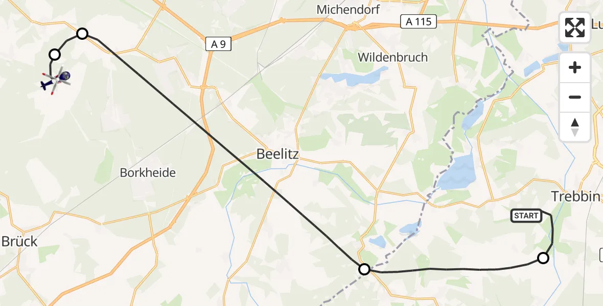 Flugroute Polizeihubschrauber Trebbin - Beelitz, 07 Mai 2026, 10:27