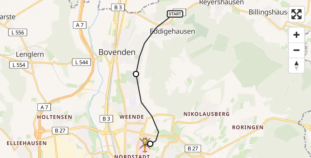 Flugroute Rettungshubschrauber Bovenden - Göttingen University Clinic Hubschrauberlandeplatz, 07 Mai 2026, 10:41