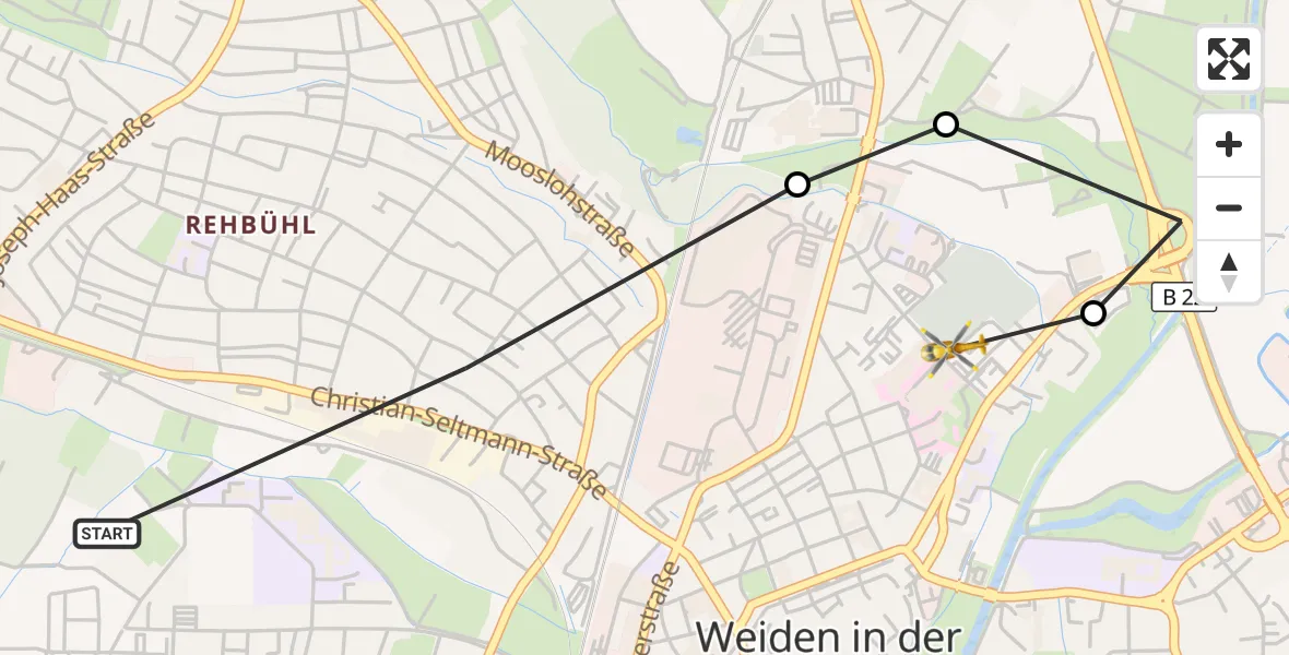 Flugroute Rettungshubschrauber Weiden i.d.OPf. - Weiden Hospital, 07 Mai 2026, 10:45