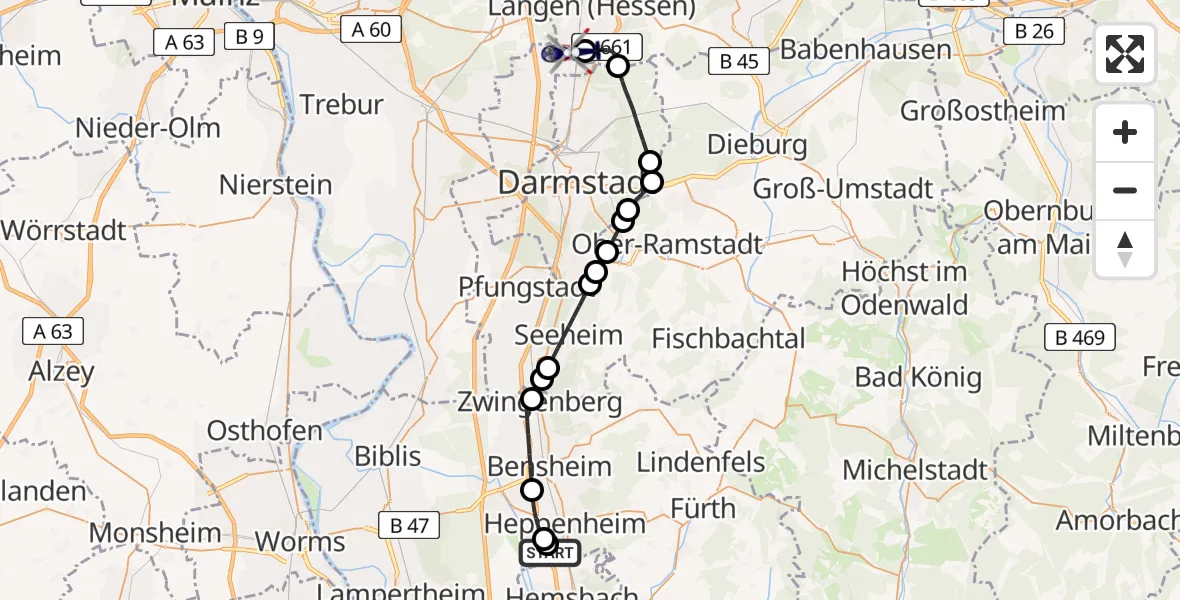 Flugroute Polizeihubschrauber Segelflugplatz Heppenheim - Flughafen Frankfurt-Egelsbach, 07 Mai 2026, 10:46