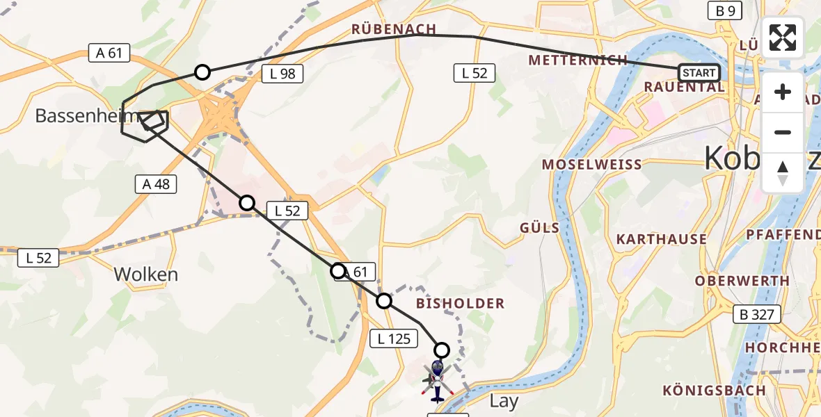 Flugroute Polizeihubschrauber Koblenz - Koblenz-Winningen Flugplatz, 07 Mai 2026, 10:52