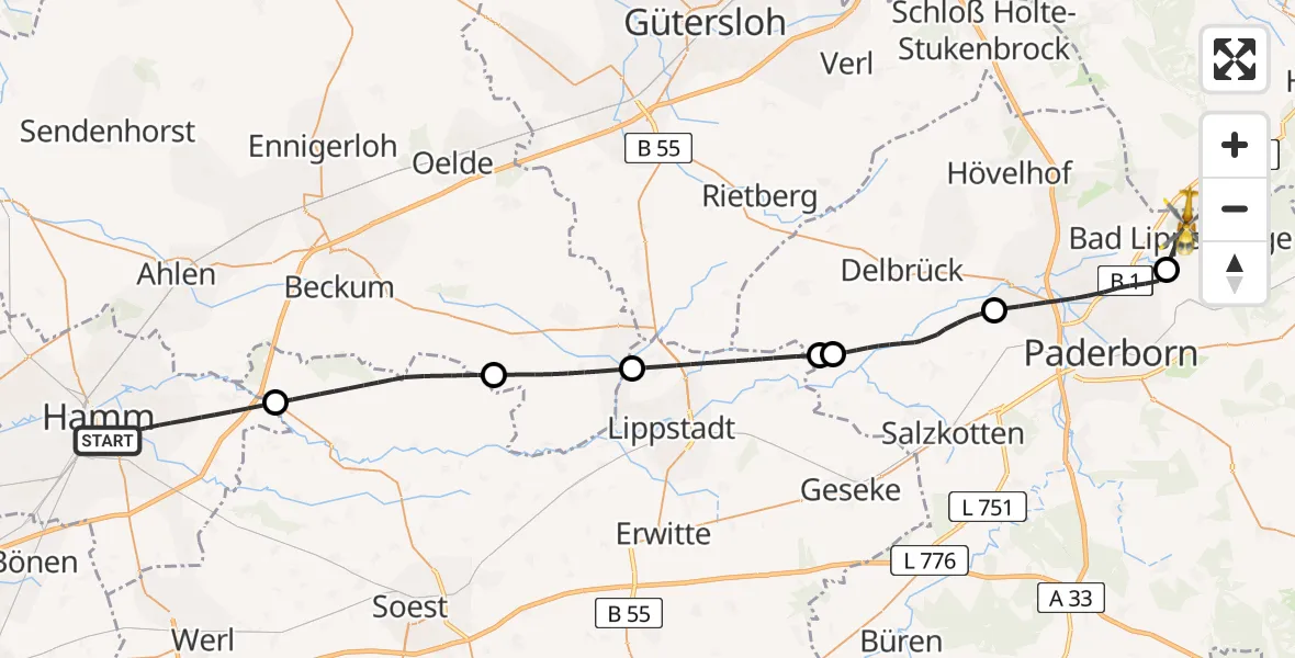 Flugroute Ambulanzhubschrauber Hamm - Bad Lippspringe, 07 Mai 2026, 10:55