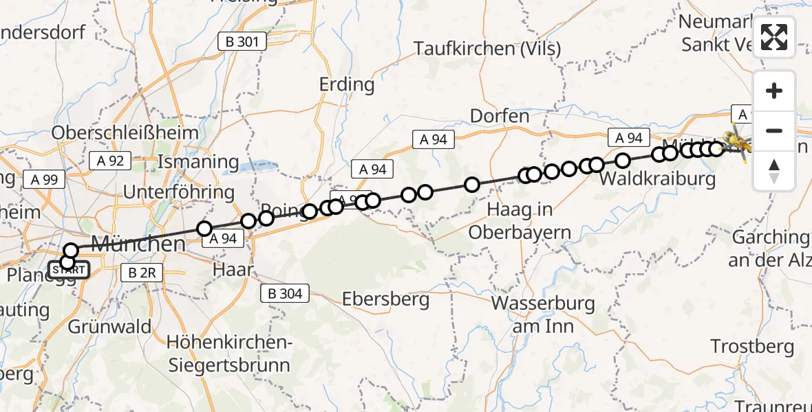 Flugroute Rettungshubschrauber DRF Air Rescue München Hubschrauberlandeplatz - Mühldorf am Inn Hospital Hubschrauberlandeplatz, 07 Mai 2026, 11:08