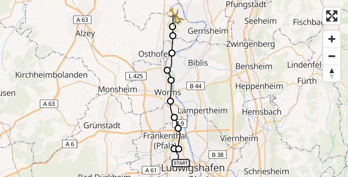 Flugroute Rettungshubschrauber Ludwigshafen am Rhein - Gimbsheim, 07 Mai 2026, 11:12