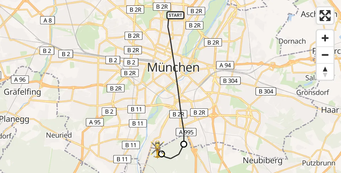 Flugroute Rettungshubschrauber München - ADAC Air Rescue Center Hubschrauberlandeplatz (Christoph 1), 07 Mai 2026, 11:15