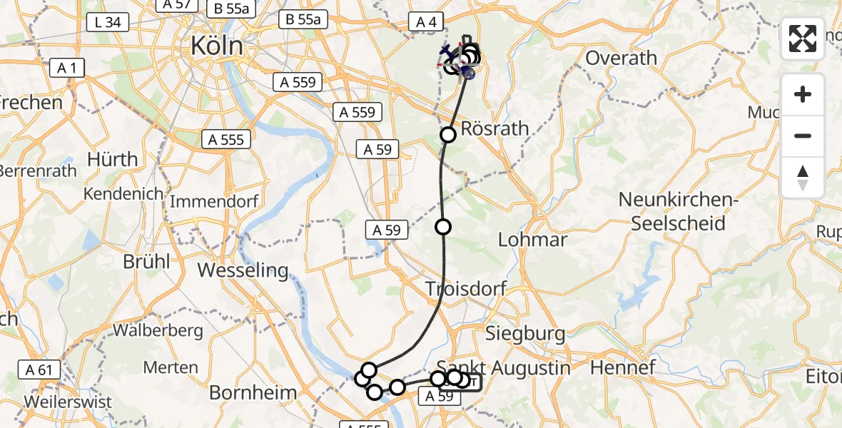 Flugroute Polizeihubschrauber Sankt Augustin - Bergisch Gladbach, 07 Mai 2026, 11:17