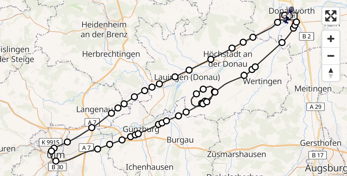 Flugroute Polizeihubschrauber Donauwörth Hubschrauberlandeplatz - Donauwörth Hubschrauberlandeplatz, 07 Mai 2026, 11:22