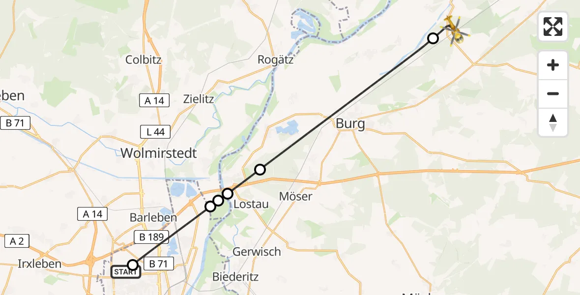 Flugroute Rettungshubschrauber Magdeburg Hospital - Elbe-Parey, 07 Mai 2026, 11:25
