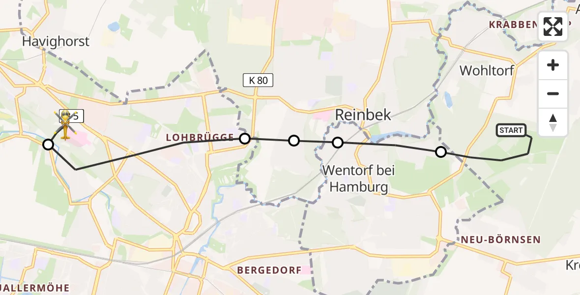 Flugroute Ambulanzhubschrauber Wohltorf - Christoph Hansa ADAC Hubschrauberlandeplatz, 07 Mai 2026, 11:25