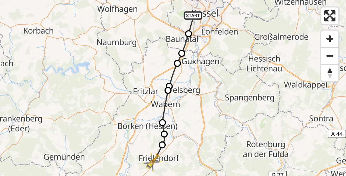Flugroute Rettungshubschrauber Kassel - Frielendorf, 07 Mai 2026, 11:27