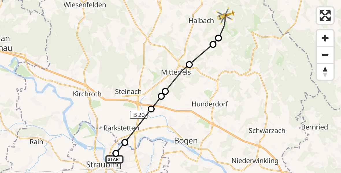 Flugroute Rettungshubschrauber Sankt Elisabeth Hospital Straubing - Haibach, 07 Mai 2026, 11:40