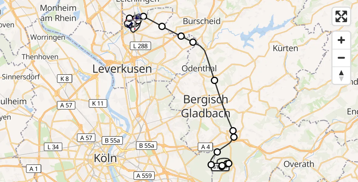 Flugroute Polizeihubschrauber Bergisch Gladbach - Leverkusen, 07 Mai 2026, 11:42