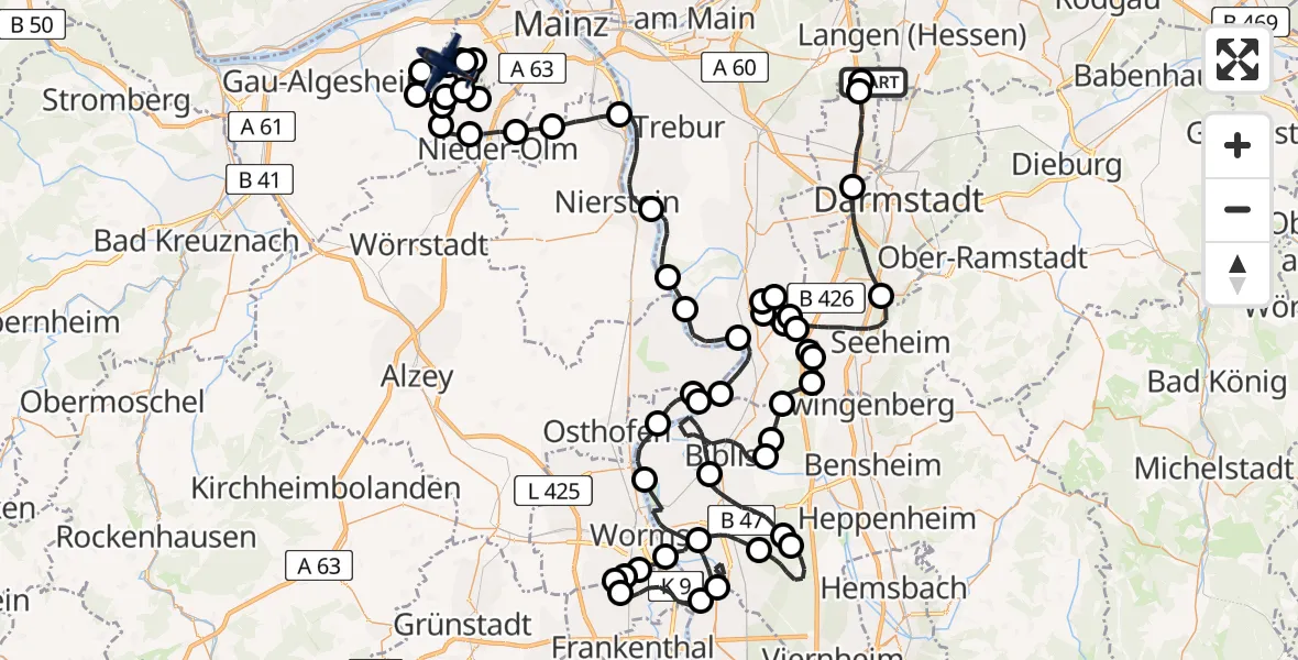 Flugroute Polizeiflugzeug Flughafen Frankfurt-Egelsbach - Mainz-Finthen Flugplatz, 07 Mai 2026, 11:44