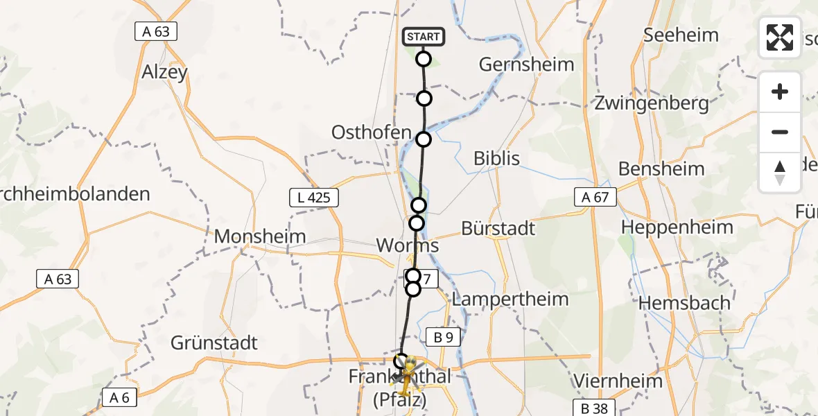 Flugroute Rettungshubschrauber Gimbsheim - Frankenthal (Pfalz), 07 Mai 2026, 11:53
