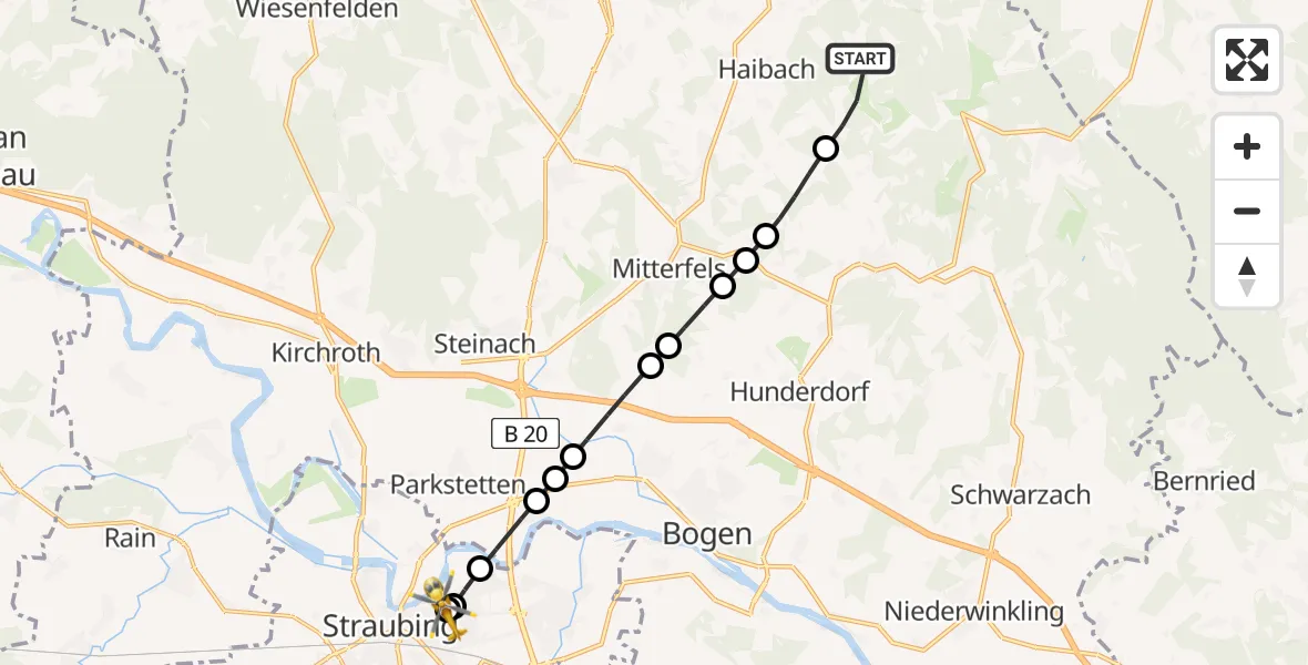 Flugroute Rettungshubschrauber Haibach - Sankt Elisabeth Hospital Straubing, 07 Mai 2026, 12:04