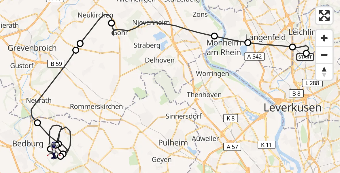 Flugroute Polizeihubschrauber Leverkusen - Bergheim, 07 Mai 2026, 12:06