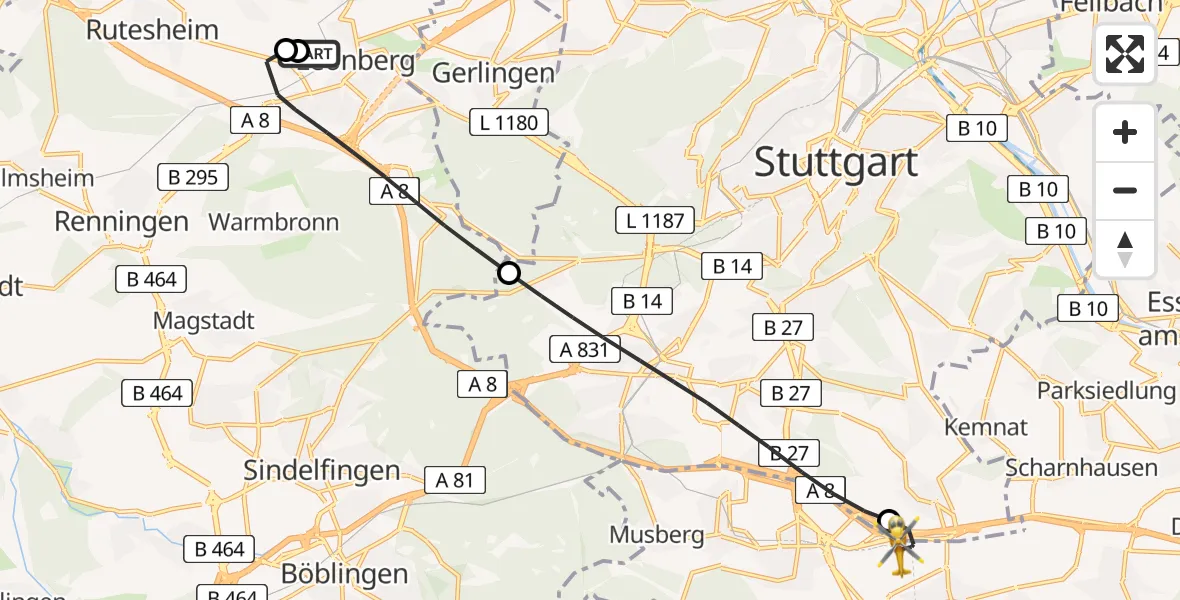 Flugroute Rettungshubschrauber Leonberg Hospital - Flughafen Stuttgart, 07 Mai 2026, 12:15