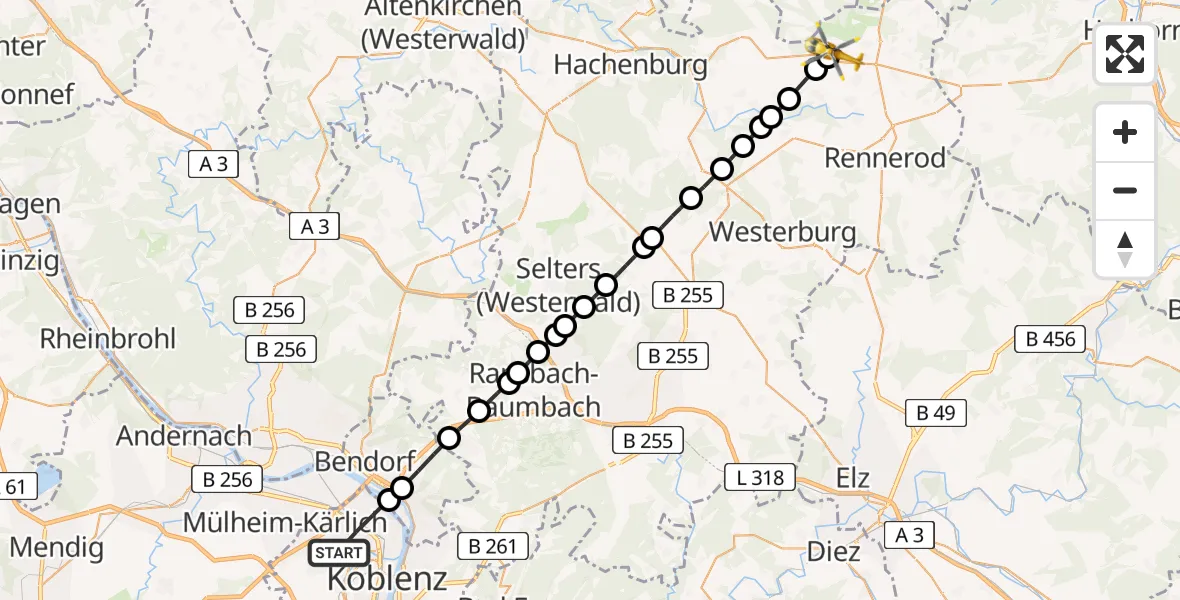 Flugroute Rettungshubschrauber Koblenz - Hof, 07 Mai 2026, 12:18
