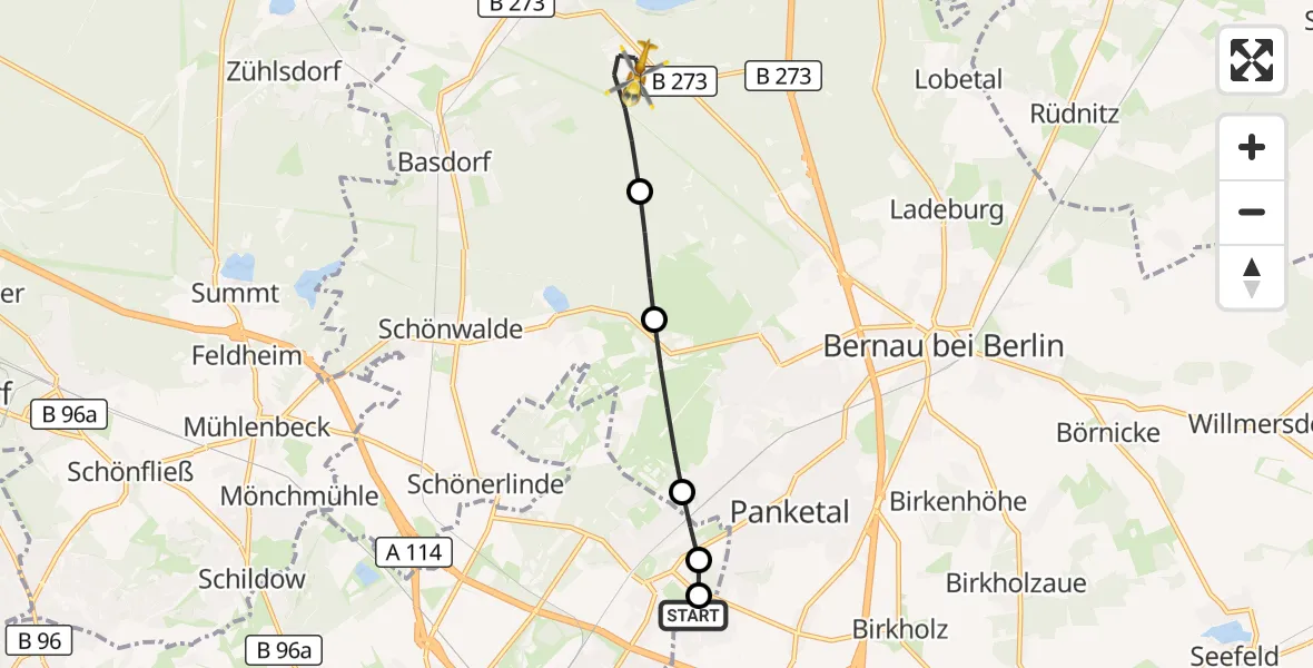 Flugroute Rettungshubschrauber Helios Clinic Berlin-Buch - Bernau bei Berlin, 07 Mai 2026, 12:19
