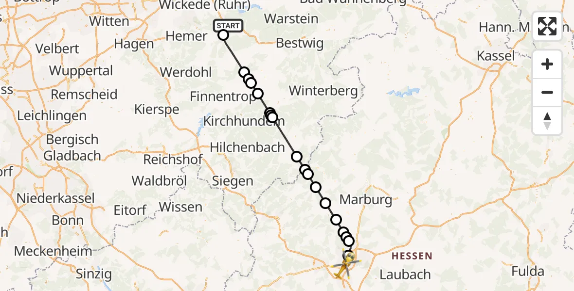 Flugroute Rettungshubschrauber Arnsberg - Gießen, 07 Mai 2026, 12:19