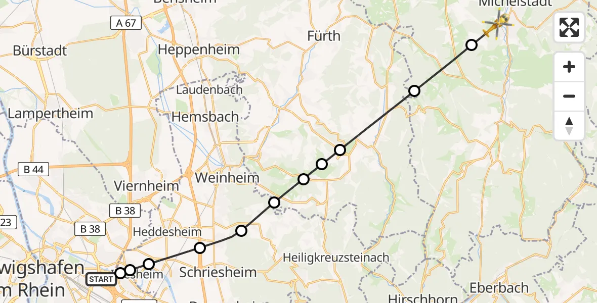 Flugroute Rettungshubschrauber Mannheim-City Flughafen - Erbach, 07 Mai 2026, 12:20
