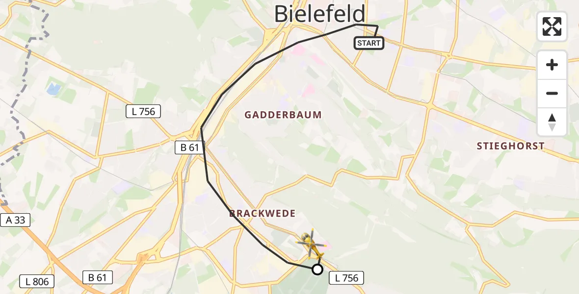 Flugroute Rettungshubschrauber Bielefeld - Luftrettungszentrum Bielefeld, 07 Mai 2026, 12:22