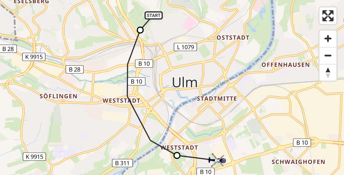 Flugroute Polizeihubschrauber Wilhelmsburg Barracks Hubschrauberlandeplatz - Neu-Ulm, 07 Mai 2026, 12:30