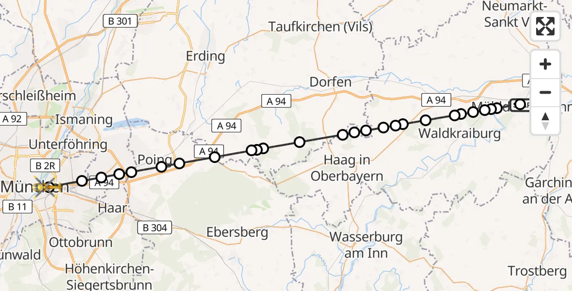 Flugroute Rettungshubschrauber Mühldorf am Inn Hospital - Rechts der Isar University Hospital, 07 Mai 2026, 12:31