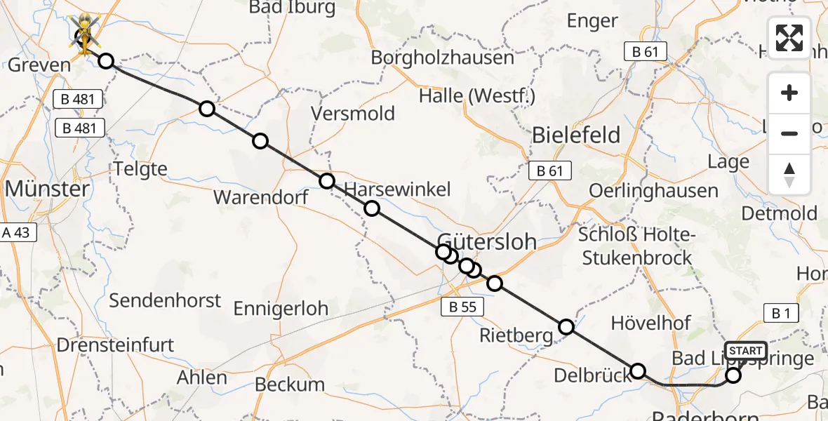 Flugroute Ambulanzhubschrauber Bad Lippspringe - Christoph  Westfalen-ADAC, 07 Mai 2026, 12:31