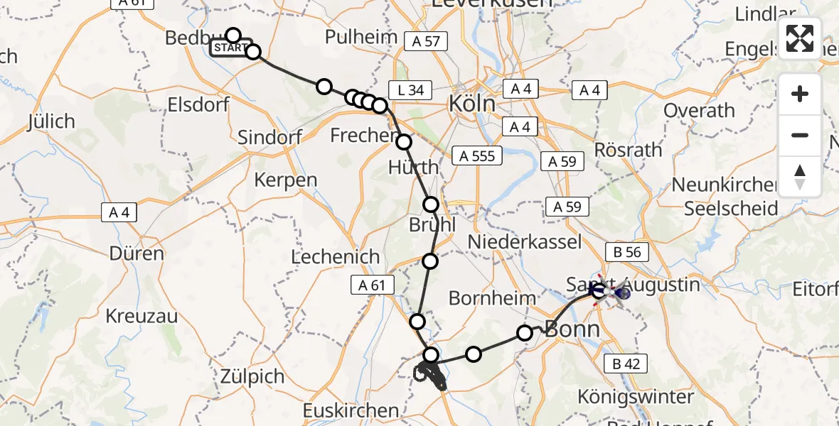 Flugroute Polizeihubschrauber Bergheim - Sankt Augustin, 07 Mai 2026, 12:36