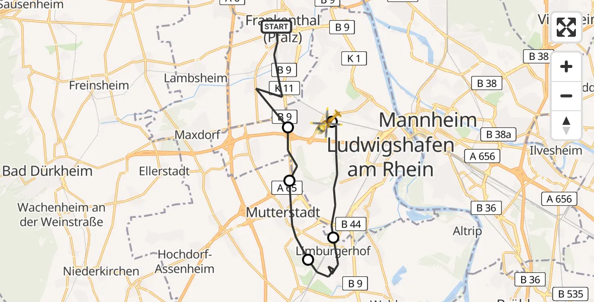 Flugroute Rettungshubschrauber Frankenthal (Pfalz) - Ludwigshafen Accident Hospital, 07 Mai 2026, 12:38