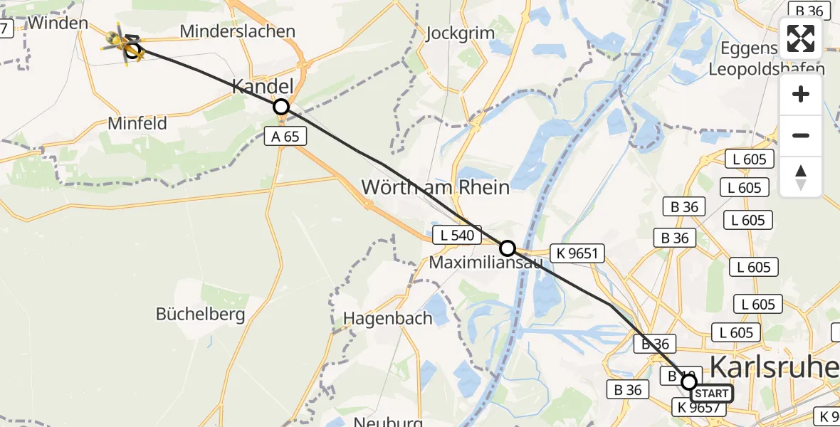 Flugroute Rettungshubschrauber Sankt Vincentius Hospital - Minfeld, 07 Mai 2026, 12:43