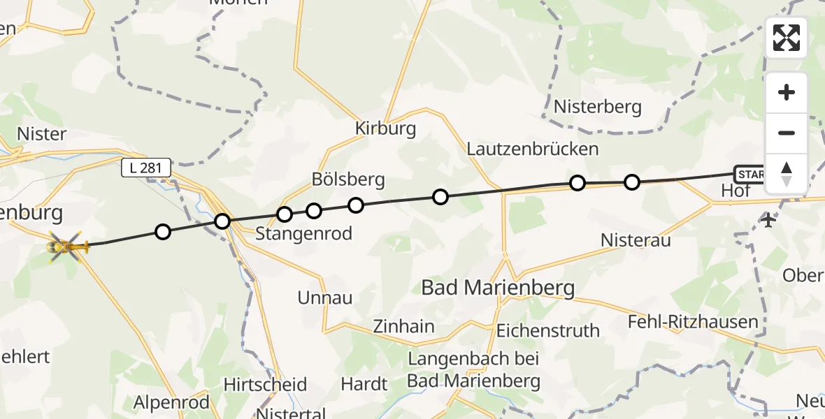 Flugroute Rettungshubschrauber Hof - Hachenburg, 07 Mai 2026, 12:50