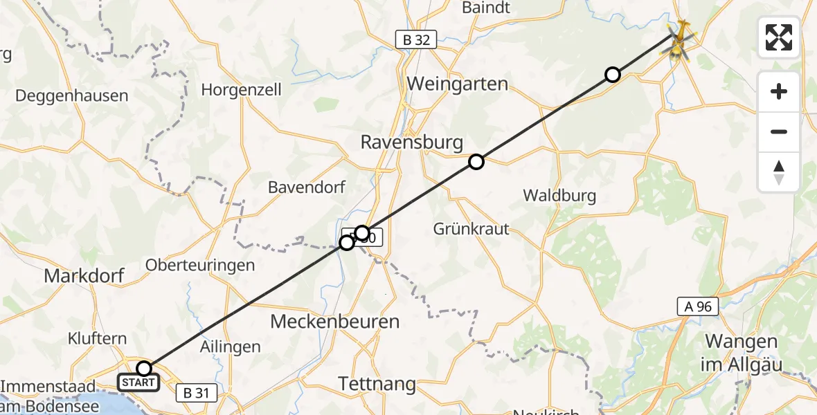 Flugroute Rettungshubschrauber Friedrichshafen Hospital - Wolfegg, 07 Mai 2026, 12:51
