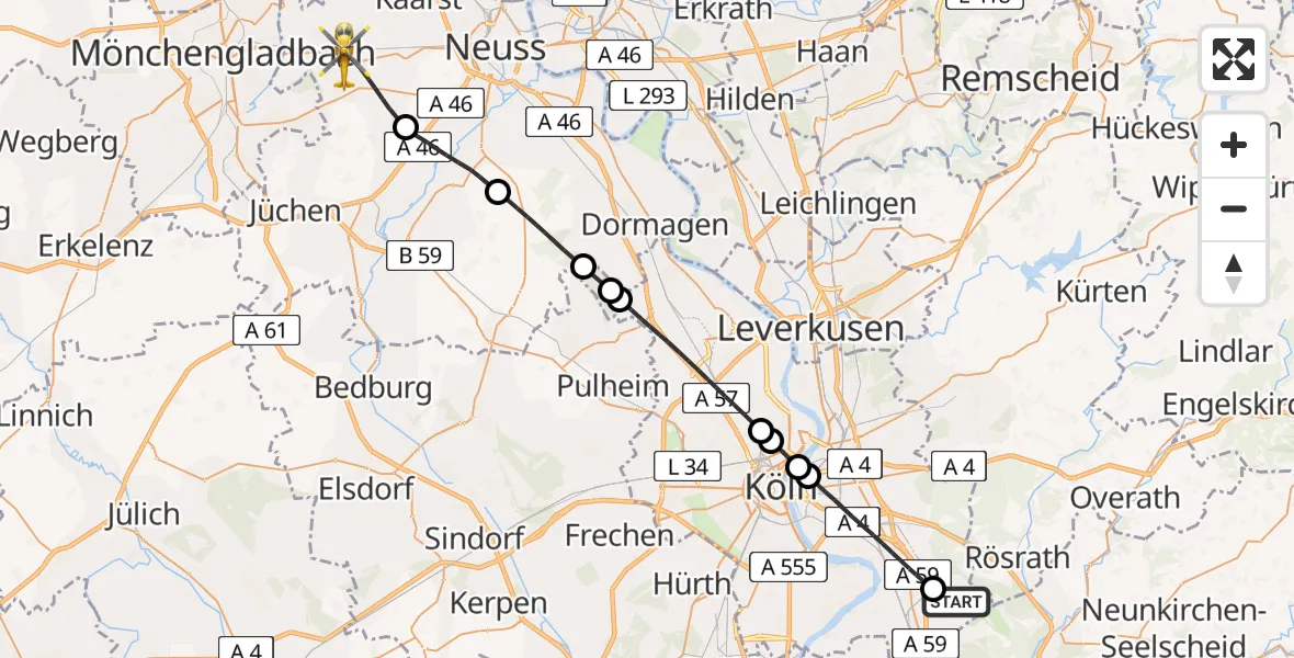 Flugroute Rettungshubschrauber Köln Bonn Flughafen - Korschenbroich, 07 Mai 2026, 12:52